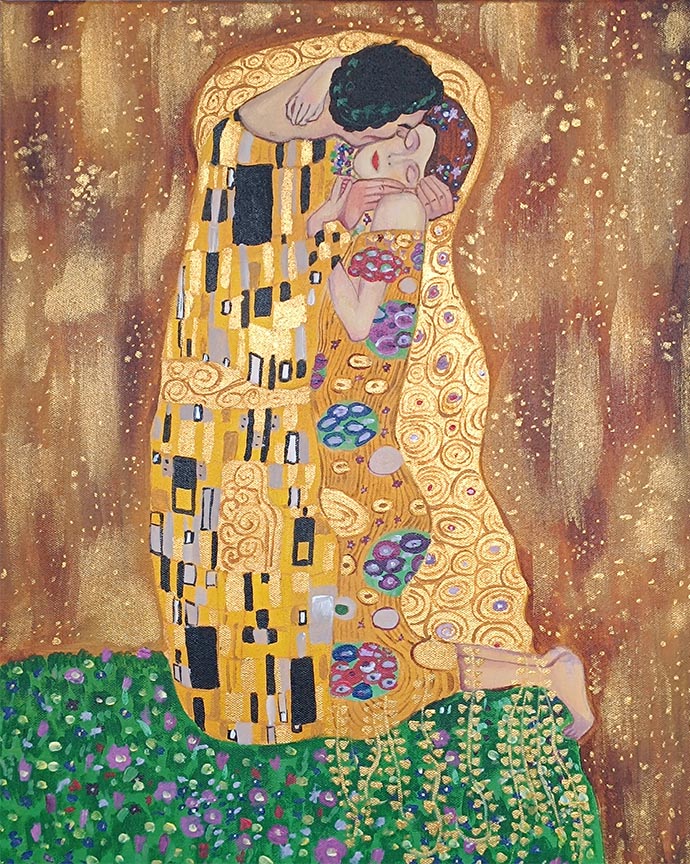 Gustav Klimt, A csók, élményfestés, kreatív festés, budapest, 12.kerület, 5 órás, arany festék, haladó